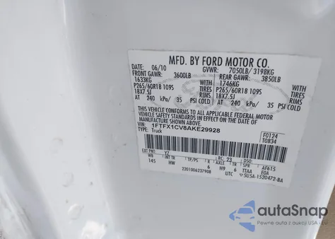 2010 Ford F-150 Fx2 Sport/Lariat/Xl/Xlt z USA, uszkodzony, nr VIN 1FTFX1CV8AKE29928